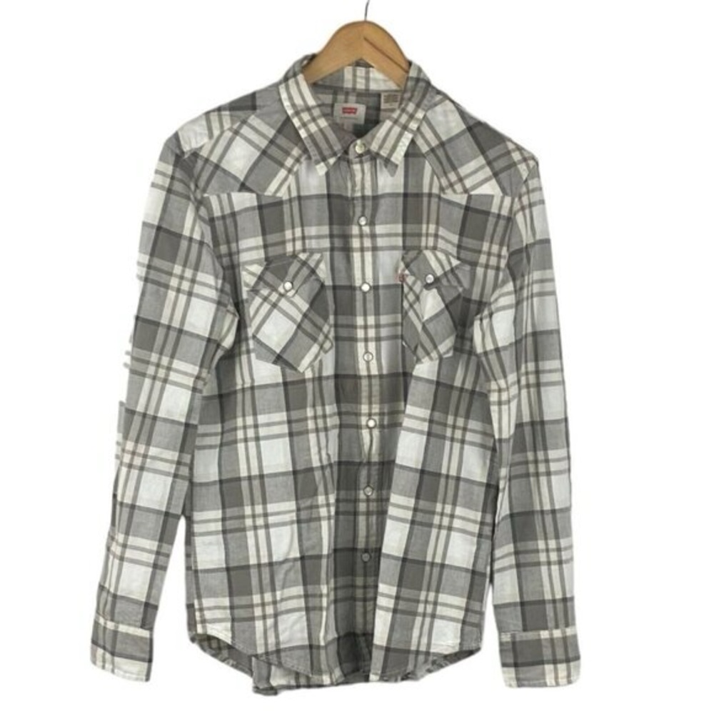 Levis Long Sleeve Collared Plaid Western Pearl Snap Button Up Shirt Grey White L